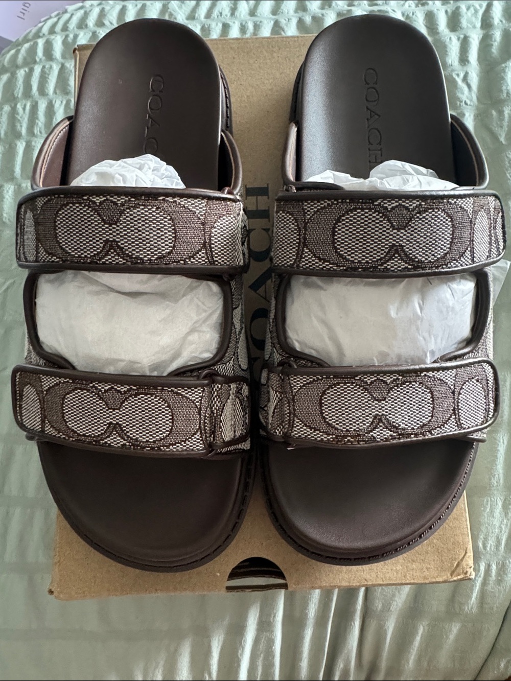 Coach Brown Signature Logo Double-Strap Slide Sandals - Picture 1 of 3